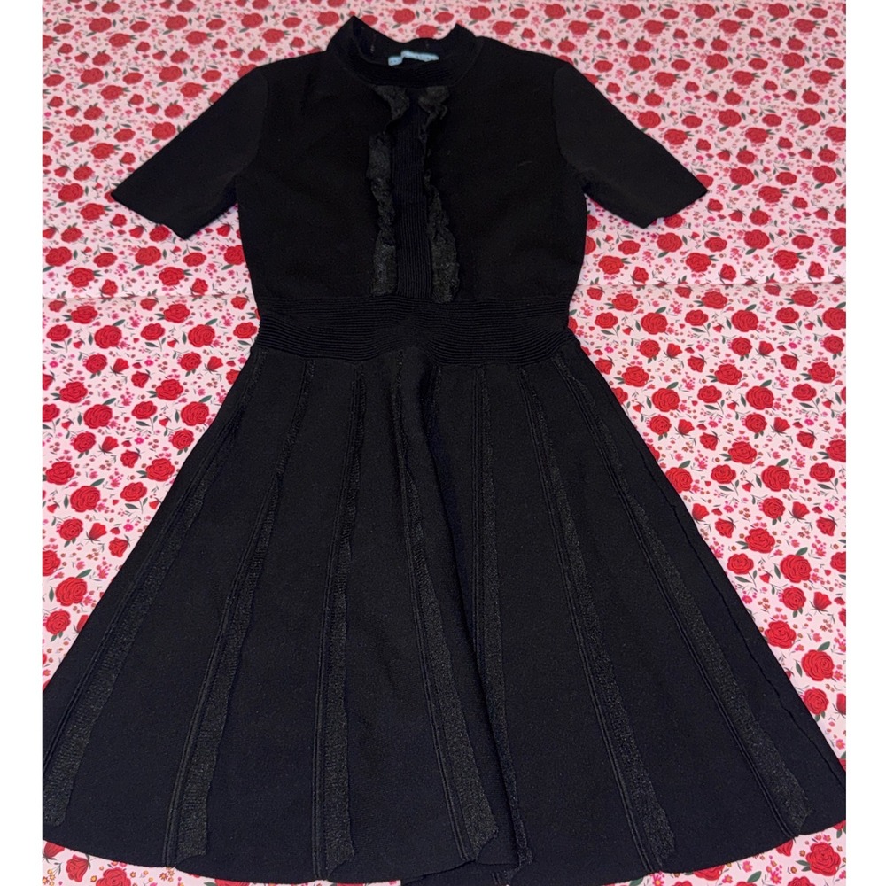 Antonio Melani Black Knit Ruffle Mock Neck Fit and Flare‎ Dress Small b2